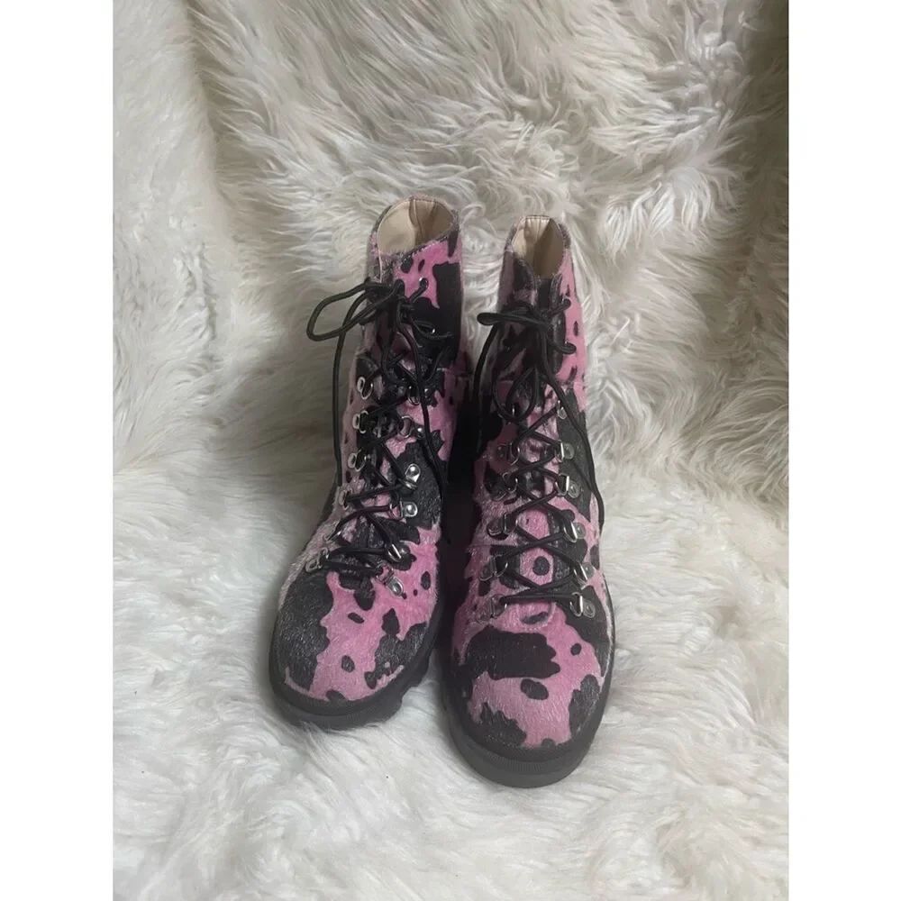 Mata Pink & Black calf hair Lace-Up Boots Lug sole SZ11